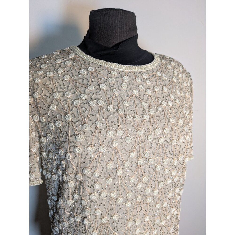 Vintage Beaded Short Sleeve Blouse Cream Floral, Size M - Picture 2 of 11